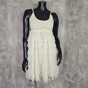 J Gee Crochet Ruffle Dress Sleeveless Tiered Mini Ivory‎ Summer Beach Petite S